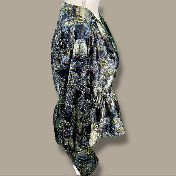 Ganni ‘Crinkled Satin V-Neck Top’ in Olive Green Paisley EU Size 36 = Size Small - Picture 12 of 16